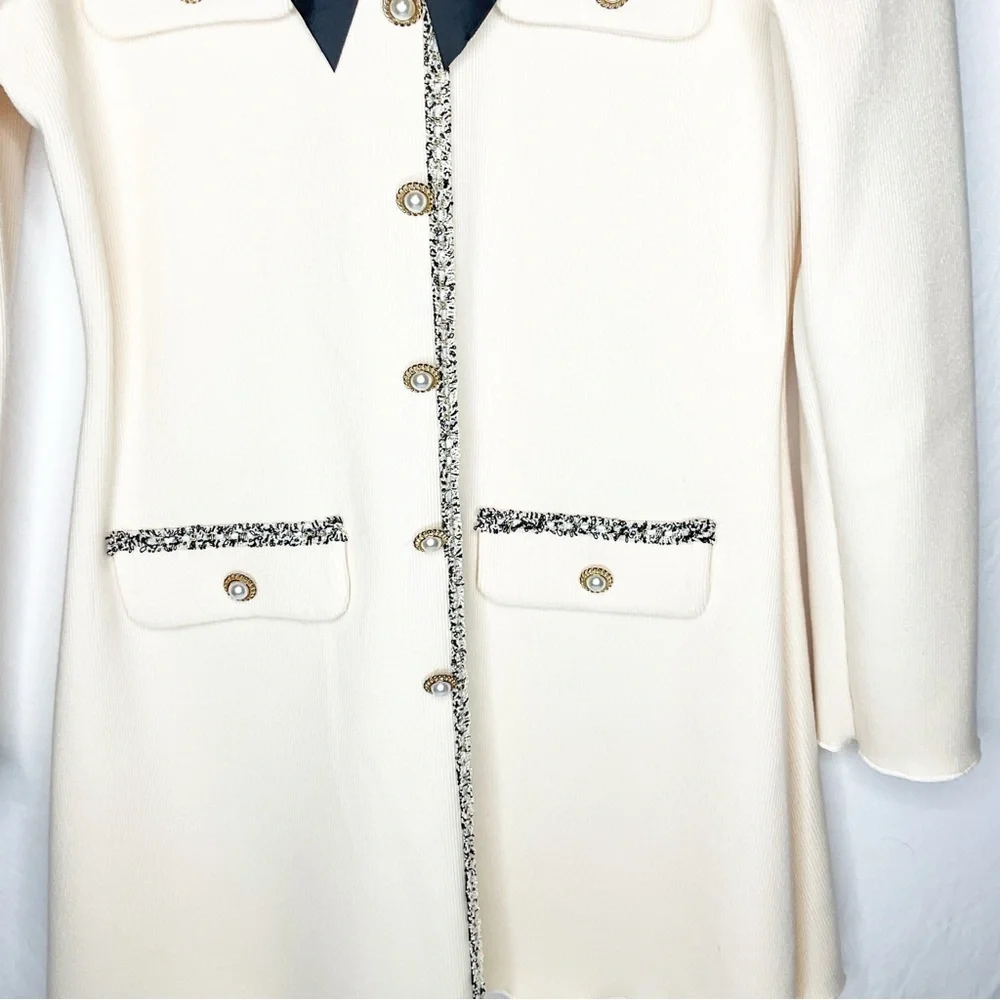 Elegant Cream Dress with Black Bow & pearl details - Picture 9 of 11